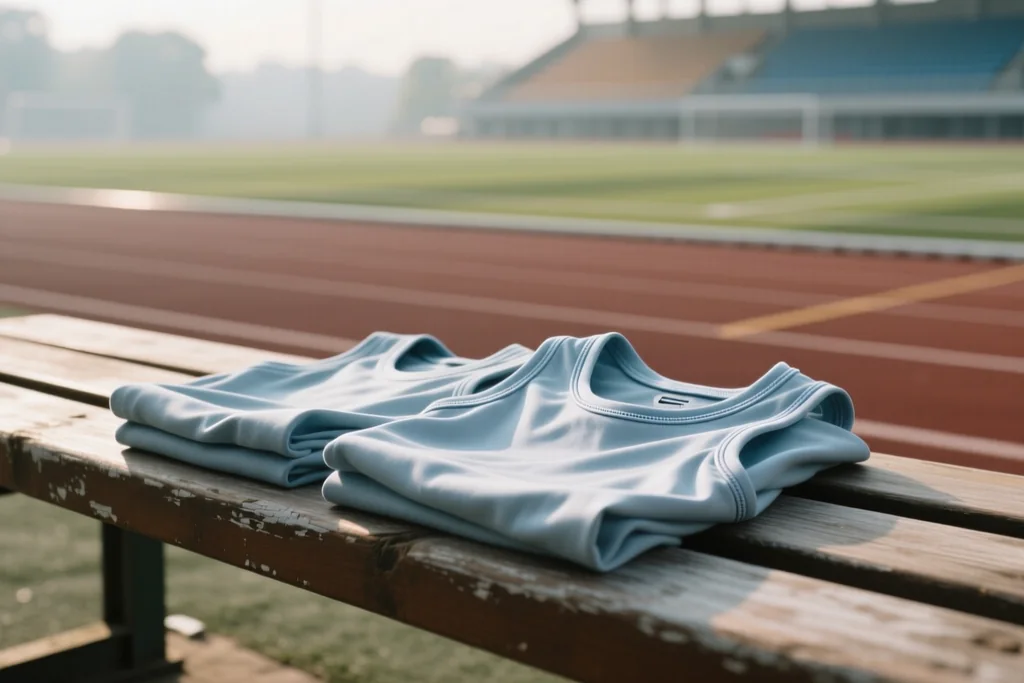 Atleta a fazer reforço muscular e alongamento numa zona de treino com colchões