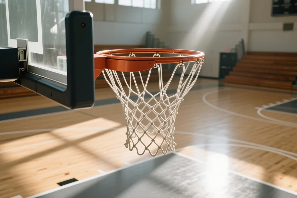 Jogadores de basquetebol a atacar num pavilhão com marcações no chão