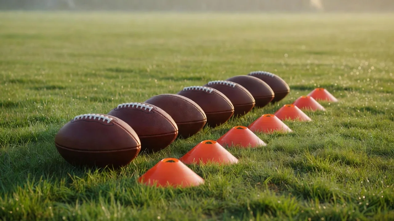 Bolas de futebol e cones de treino alinhados na relva, sem pessoas