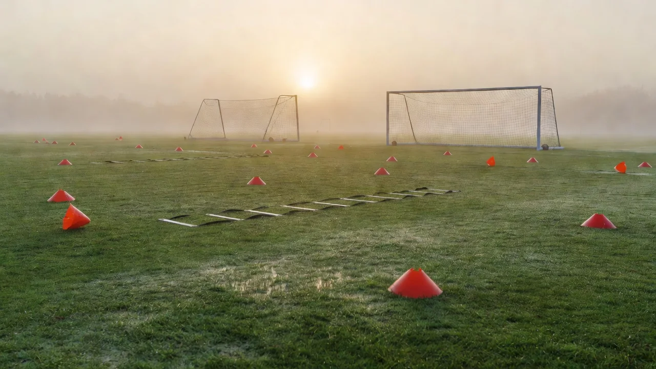 Campo de treino de futebol com cones e redes ao amanhecer, sem pessoas
