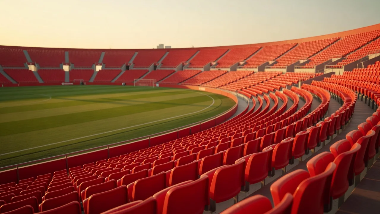 Bancada de um grande estádio de futebol em Portugal ao entardecer, sem pessoas