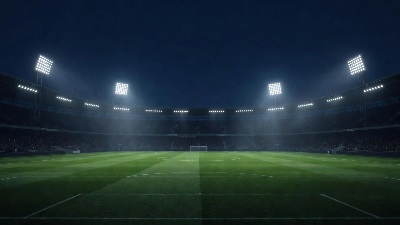 Estádio de futebol iluminado à noite visto do exterior, sem pessoas