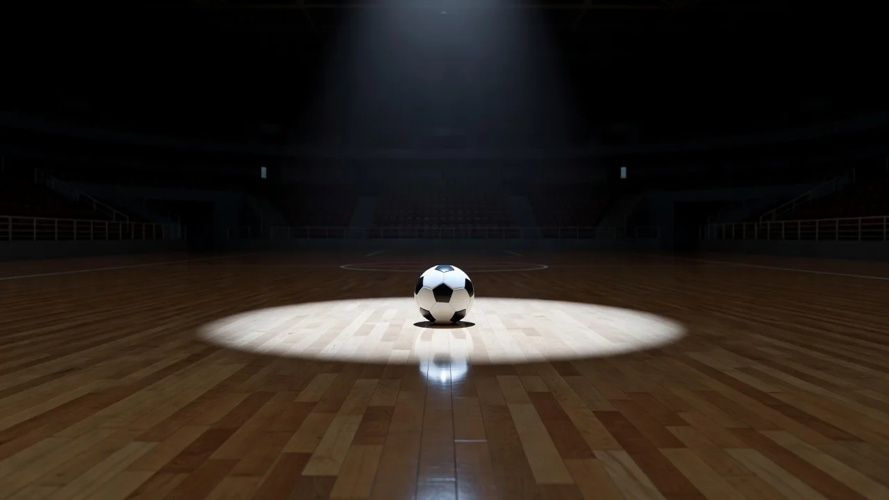 Pavilhão de futsal vazio com bola no centro do campo, sem pessoas