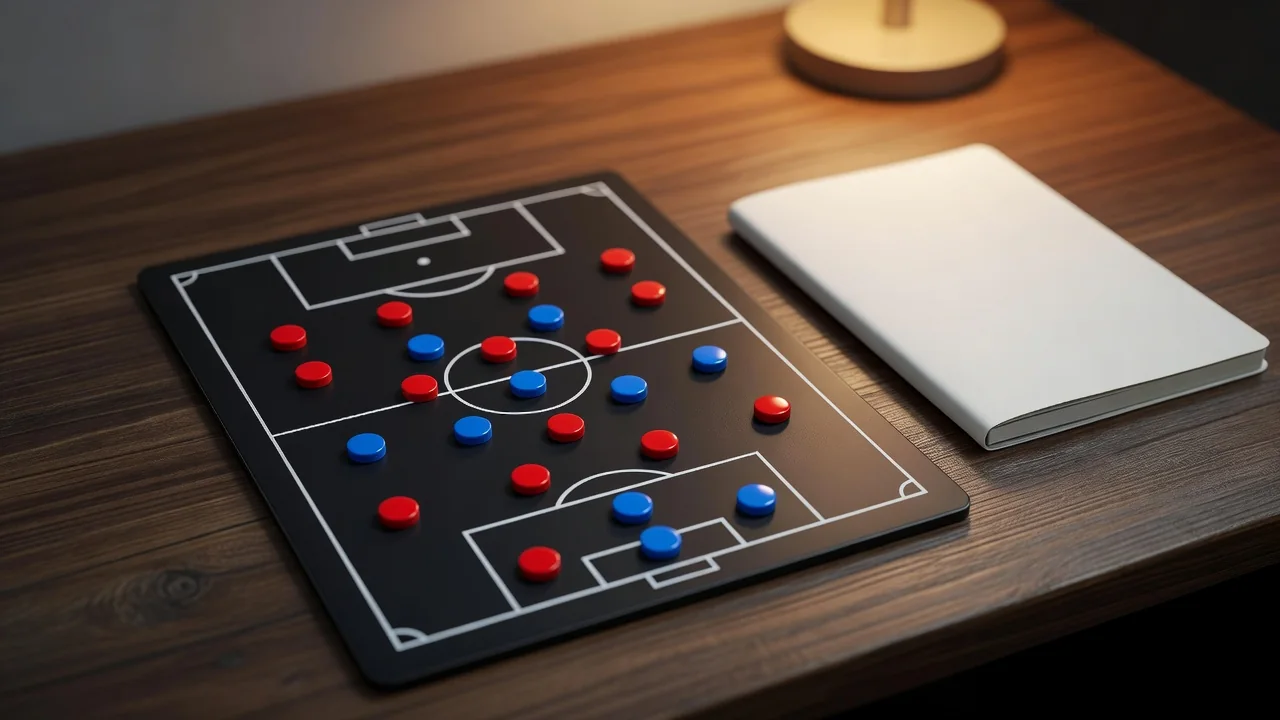 Quadro tático de futebol com ímanes e marcadores sobre mesa, sem pessoas